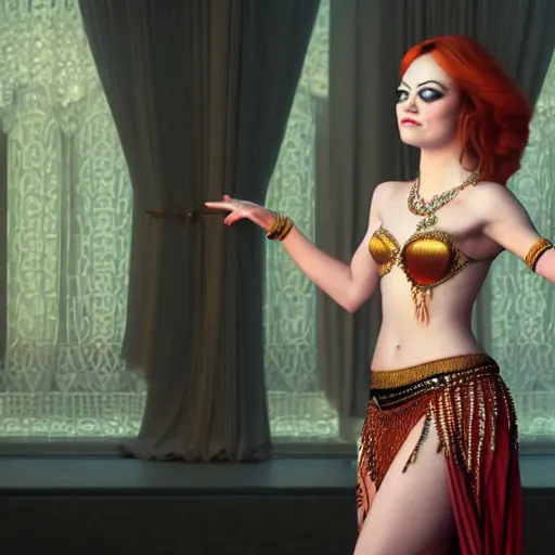 Image similar to a photorealistic portrait of actress emma stone dressed as a belly dancer, arabian night, volumetric lightening, octane render, high quality, fully detailed, 4 k, in focus sharp face with fine details, her hands by albrecht durer, inspired by belly dancer on youtube, alphonse mucha, masterpiece, stunning