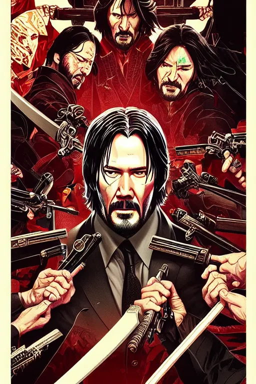 Prompt: poster of john wick as a samurai, by yoichi hatakenaka, masamune shirow, josan gonzales and dan mumford, ayami kojima, takato yamamoto, barclay shaw, karol bak, yukito kishiro, highly detailed