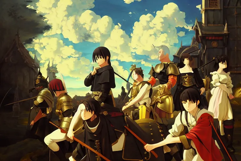 Image similar to baroque oil painting of anime key visual concept art of anime girl medieval revolutionaries, armored knights, dark fantasy, rule of thirds, cinematic lighting, fake hidden detail, trending on pixiv fanbox, acrylic palette knife and brush, style of makoto shinkai studio ghibli genshin impact jamie wyeth james gilleard greg rutkowski