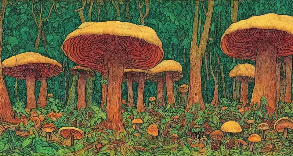 Image similar to A tribal village in a forest of giant mushrooms, by Ivan Bilibin,