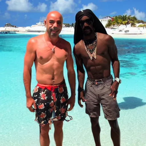 Prompt: joe rogan and snoop dogg chilling in aruba