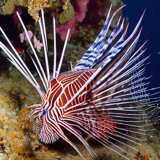 Prompt: The Spider Lionfish unfurls it's spider web-like fins to snag any smaller fish that pass by, 8k deep sea photography, never before seen