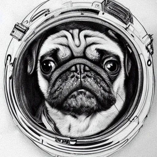 Image similar to pencil art, golden - ratio, spirals, highly detailed, astronaut pug in outer space by davinci.