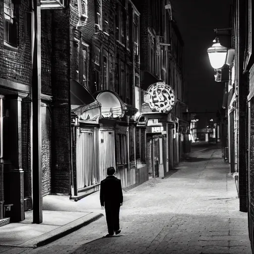 Image similar to a lonely street of a steampunk city at night, only one sad man walking down the street, in the style of Edward hopper, 4k,