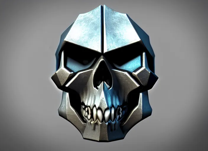 Image similar to jagged damaged brushed metal skull faceplate, stylized stl, 3 d render, activision blizzard style, hearthstone style, darksiders art style