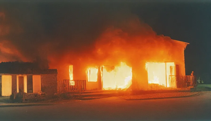 Image similar to 1 9 7 0 s movie still of a burning french style house in a small french village by night, cinestill 8 0 0 t 3 5 mm, heavy grain, high quality, high detail, dramatic light, anamorphic, flares