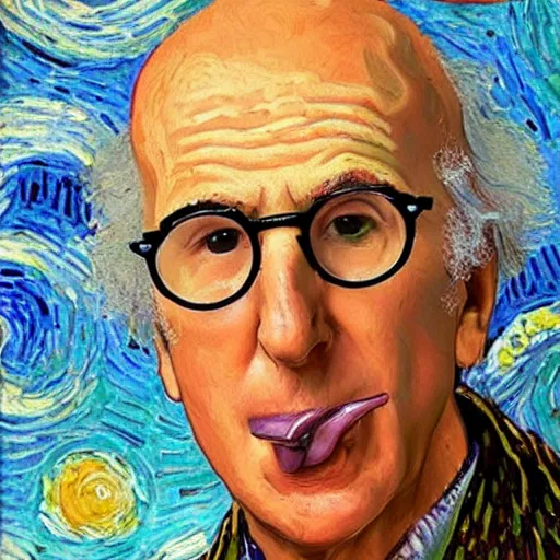 Image similar to Larry David eating a bagel in the style of Van Gogh, oil painting