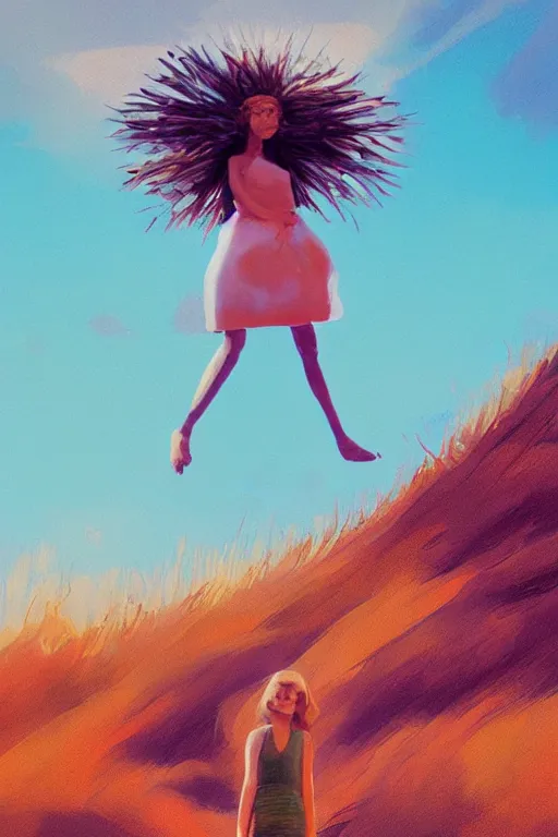 Image similar to closeup huge dahlia flower head, girl standing on beach, surreal photography, blue sky, sunrise, dramatic light, impressionist painting, digital painting, artstation, simon stalenhag