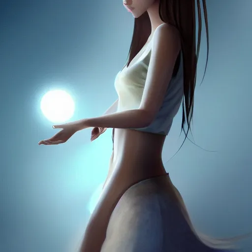 Prompt: a thin, pretty young Filipino woman with long hair floats in a dreamy world, full body view, very beautiful, inspiring, dramatic lighting, abstract digital art, trending on artstation