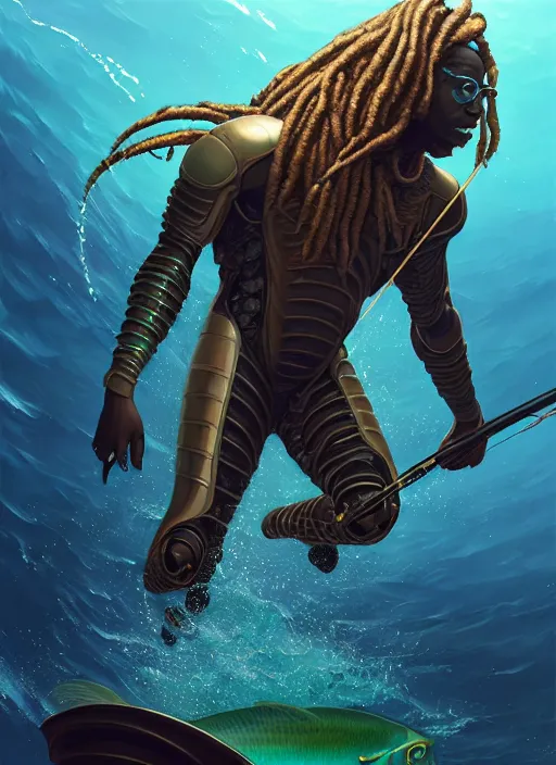 Prompt: portrait of a jamaican fisherman sci - fi fishing armor muscular cyberpunk dreadlocks intricate elegant highly detailed digital painting artstation concept art, ocean splashing background, greg rutkowski, loish, rhads, ferdinand knab, makoto shinkai and lois van baarle, ilya kuvshinov, rossdraws, tom bagshaw