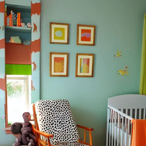 Image similar to interior design baby room, orange and green pastel colours, sunset, safari animals, lion water colours pictures against wall, wood cot and shelves with rocking chair