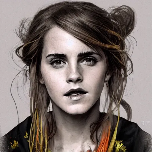 Image similar to Very funny Emma Watson looking like an old monkey, colorful painting on grey scale face, powerful , magic, thunders, dramatic lighting, intricate, wild, highly detailed, digital painting, artstation, concept art, smooth, sharp focus, illustration, art by artgerm and greg rutkowski and alphonse mucha, footage