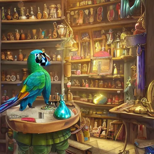 Image similar to Anthropomorphized parrot trader in his shop, shelves full, selling a gem, portrait, items, magic potions, carpet, window, fancy funny hat, sly expression , cunning expression, cute expression, presenting magic gem, D&D, fantasy, cinematic lighting, highly detailed, digital painting, artstation, concept art, smooth, sharp focus, illustration, warm light, cozy warm tint, magic the gathering artwork, volumetric lighting, 8k, no gold, no gold colours, books, art by Akihiko Yoshida, Greg Rutkowski