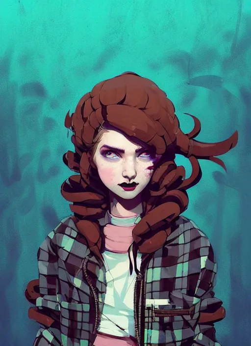 Image similar to highly detailed portrait of a sewer punk lady student, blue eyes, tartan hoody, ringlet hair by atey ghailan, by greg rutkowski, by greg tocchini, by james gilleard, by joe fenton, by kaethe butcher, gradient pink, brown, light blue and white color scheme, grunge aesthetic!!! ( ( graffiti tag wall background ) )