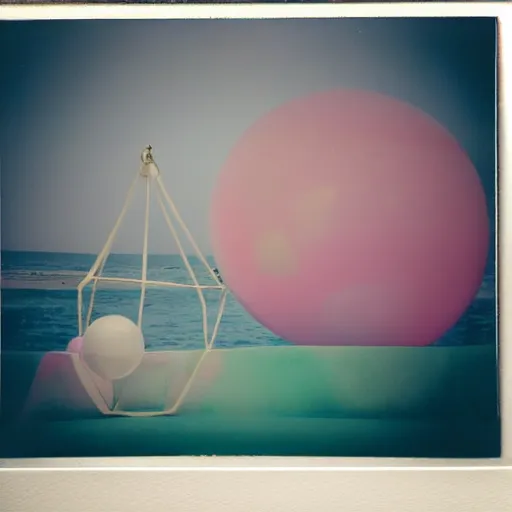 Image similar to a pastel colour high fidelity Polaroid art photo from a holiday album at a seaside with abstract inflatable parachute furniture (((((and spheres))))), all objects made of transparent iridescent Perspex and metallic silver, no people, iridescence, nostalgic