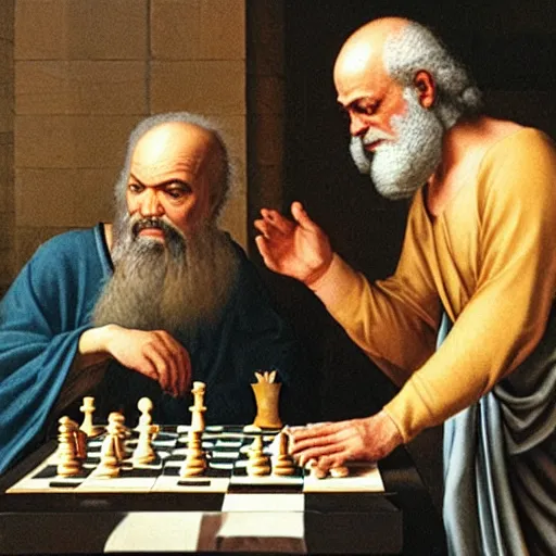 Prompt: Socrates playing chess with Charlemagne