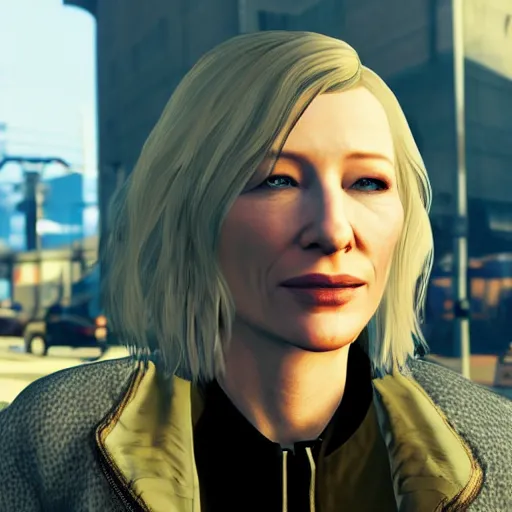 Image similar to cate blanchett in grand theft auto V, gaming, detailed, 4k