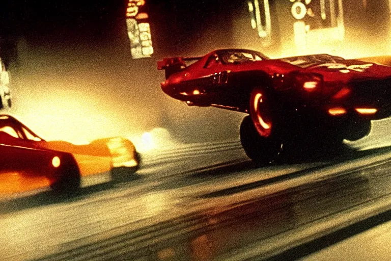 Image similar to film still of a flying Ferrari in Bladerunner, 8k,