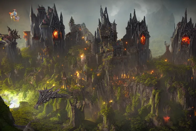 Image similar to big evil fairy castle - city rock dark shadow elves, might and magic heroes 7, dark fantasy, shadows, artstation trending, unreal engine 5, red