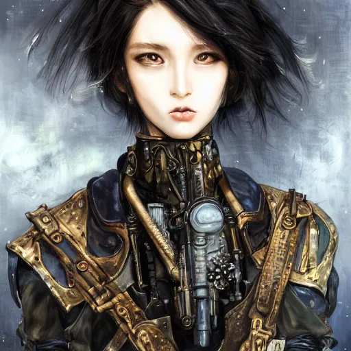 Image similar to portrait of a girl by ayami kojima, mixture between russian and japanese, she is about 2 0 years old, black bob hair, very tall and slender, she is wearing a steampunk tactical gear, highly detailed portrait, digital painting, artstation, concept art, smooth, sharp foccus ilustration, artstation hq