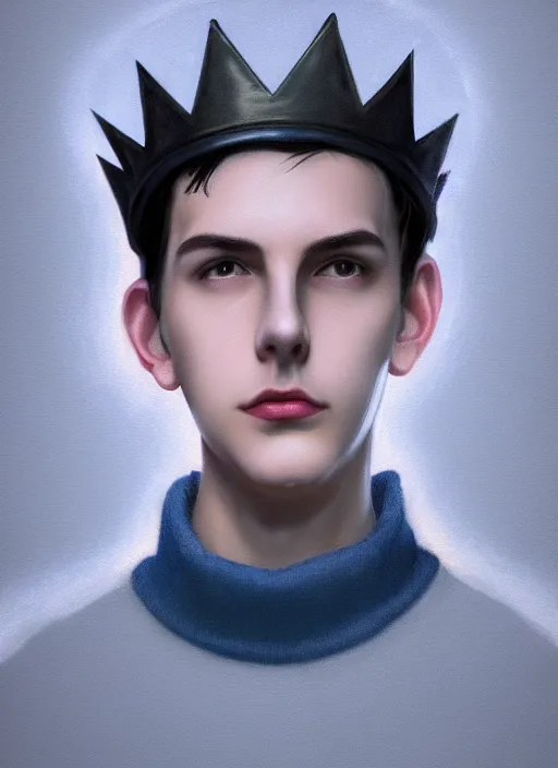 Image similar to portrait of teenage jughead jones wearing a light grey crown, crown, blue turtleneck, 1 9 5 0 s, closed eyes, photorealistic, black hair, glowing lighting, intricate, elegant, glowing lights, highly detailed, digital painting, artstation, concept art, smooth, sharp focus, illustration, art by wlop, mars ravelo and greg rutkowski