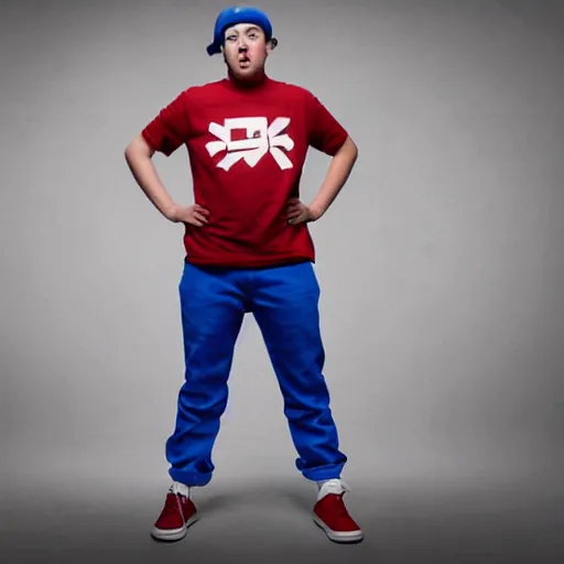 Image similar to a full body shot of an average white, short young - adult man with blue dyed hair, wearing a red backwards cap, white t - shirt with a red no symbol on it, blue long pants and red shoes, holding a microphone, studio lighting, photoshoot, grey background