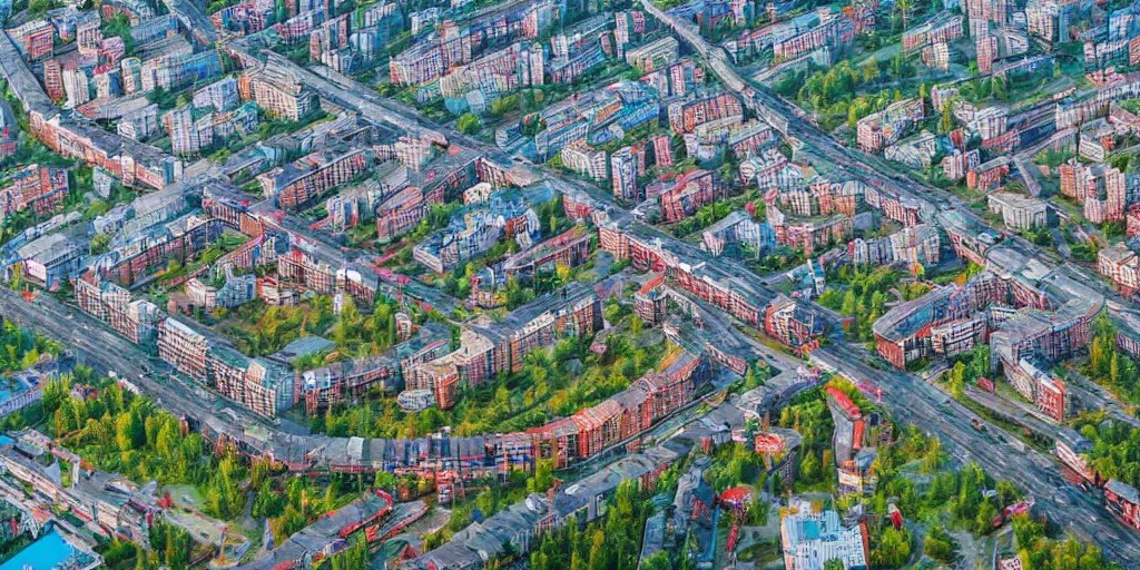 Image similar to bird's eye view photograph of a low income highrise Russian city, apartments, train station, pond, wide roads