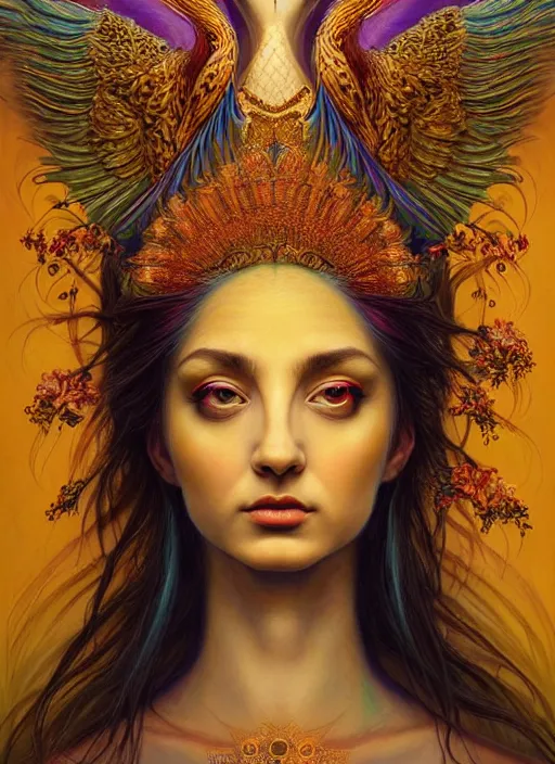 Image similar to portrait of the beautiful young goddess of birds, unusual beauty, etheric, outworldly colours, emotionally evoking symbolic metaphors, head in focus, fantasy, ornamental, intricate, elegant, highly detailed painting style photo, artstation, concept art, painterly, golden ratio, sharp focus, illustration, art by marco mazzoni and zdzisław beksinski,