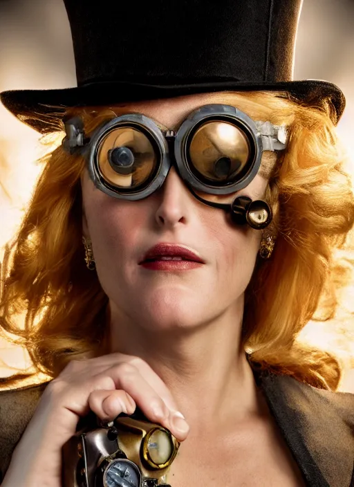 Image similar to closeup portrait of a steampunk gillian anderson wearing a top hat and goggles, depth of field, zeiss lens, detailed, symmetrical, centered, fashion photoshoot, by Annie Leibovitz and Steve McCurry, David Lazar, Jimmy Nelsson, Breathtaking, 8k resolution, extremely detailed, beautiful, establishing shot, artistic, hyperrealistic, beautiful face, octane render