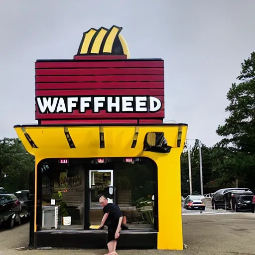 Image similar to wafflehouse employee's standing below wafflehouse sign