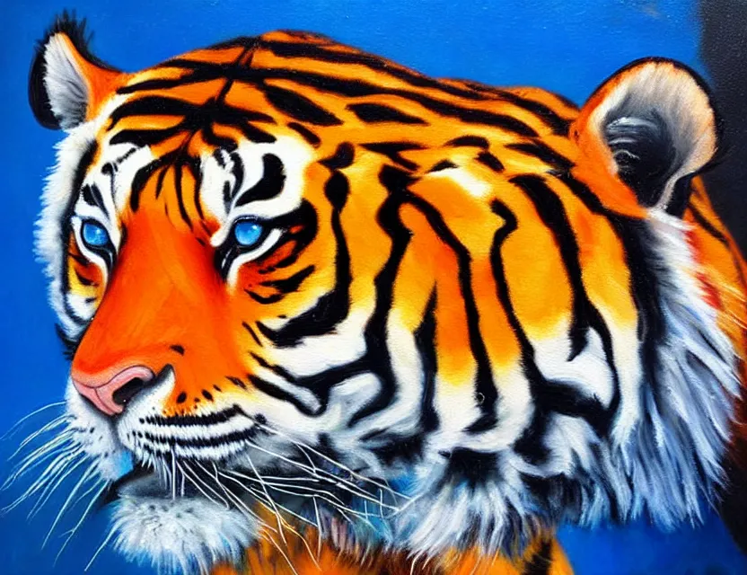 Prompt: a highly realistic oil painting of a tiger with seablue eyes, in the background you can see a chinese new year party going on with bright neon colors and with a old dirty sable hair brush