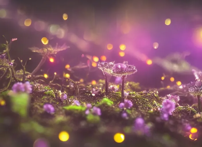 Image similar to a fantasy forest on an alien planet with delicate flowers and mushrooms that glow in the dusk, macro close up, bokeh,