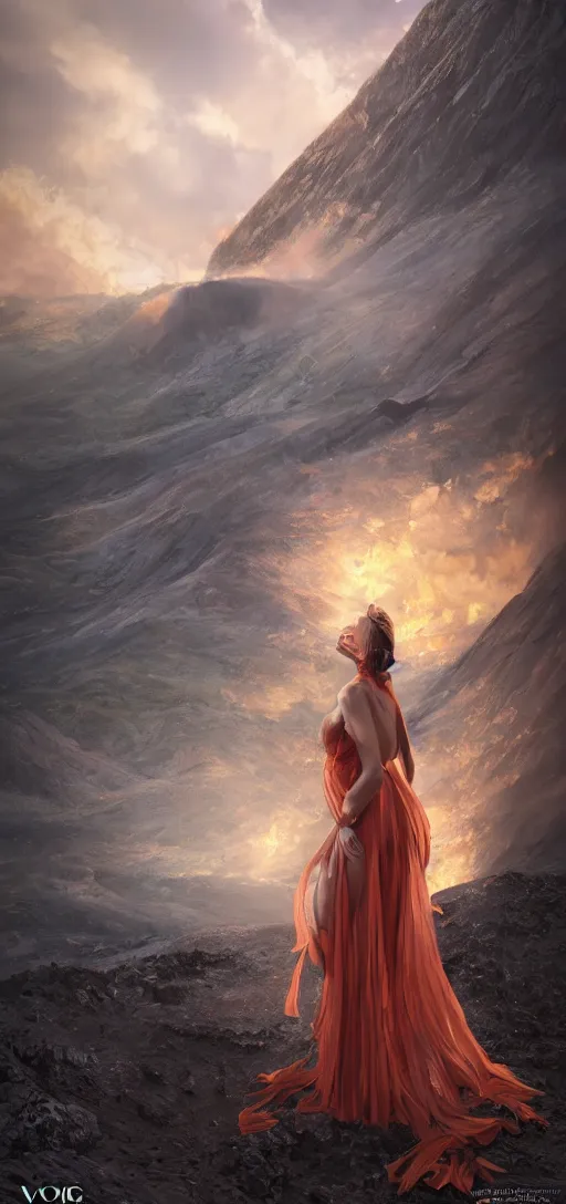 Image similar to a beautiful hyperrealistic ultradetailed 3D, one girl in a magnificent dress stands near a volcano, voge photo, fashion style, fullbody, in full growth, photorealistic, high resolution, trending on artstation, highly detailed, volumetric lighting,artstation, concept art, master illustration, elegant, details, good clear quality, volumetric lighting,