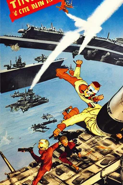 Prompt: full page illustration of tintin tearing apart an aircraft carrier, by alex ross, phil hale,