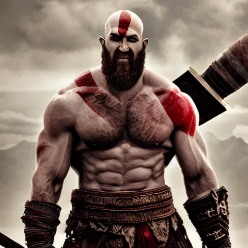 Image similar to ryan reynolds as kratos from god of war, holding a javelin, aggressive face, epic, cinematic shot, ultra realstic, 8 k