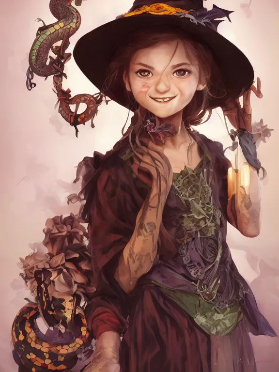 Image similar to Full shot of a cute mischievous young witch about to get up to some trouble with her playful snake familiar. Latin American fashion. Floral patterns. Black and Orange palette. Magic. Latina girl. brown skin. defined facial features, symmetrical facial features. Smiling. By Ruan Jia and Artgerm and Range Murata and WLOP and Ross Tran and William-Adolphe Bouguereau. Key Art. Fantasy Illustration. award winning, Artstation, intricate details, realistic, Hyperdetailed, 8k resolution.