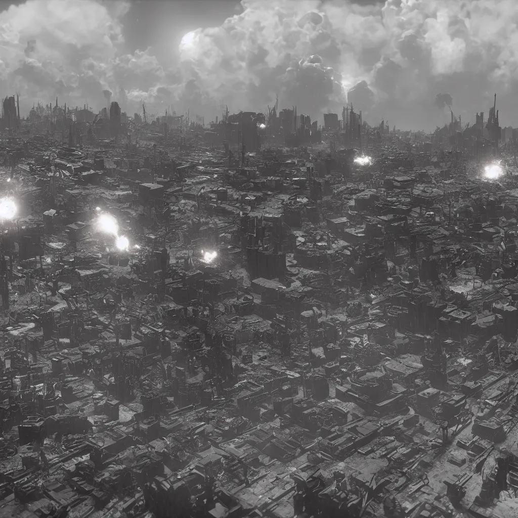 Prompt: a highly detailed atomic bomb detonated above the city, 8 k, chaotic atmopshere, unreal engine, cinematic, touching, very detailed