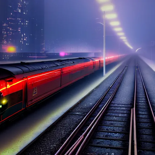 Image similar to A hyperdetailed photograph of the Flying Scotsman thundering on the rails of a cyberpunk, futuristic city, night, dense fog, rain, HD, 8K resolution