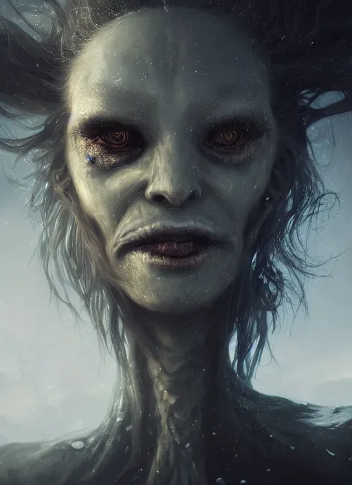 Prompt: a close up portrait of a creepy grotesque sea witch with dark turbulent skies, photorealistic, by jessica rossier, 4 k resolution