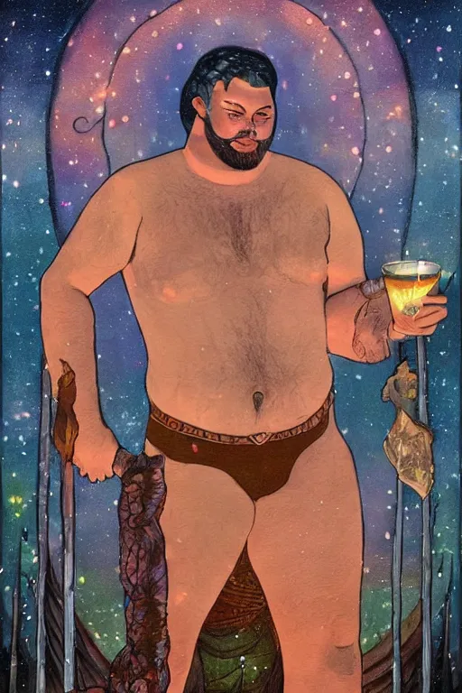 Prompt: ethereal dramatic tarot card painting of a shirtless handsome fat smirking cowboy | background is a dark night with a serene campfire | tin cans and jugs of whisky | tarot card, art deco, art nouveau | by Mark Maggiori | trending on artstation