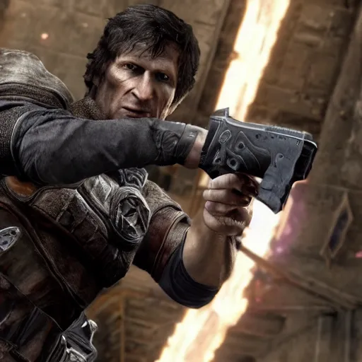 Image similar to todd howard pointing a gun towards the camera and forcing you to buy skyrim, threatening, sharp, cinematic, colorful, digital, neon, bright, cyberpunk