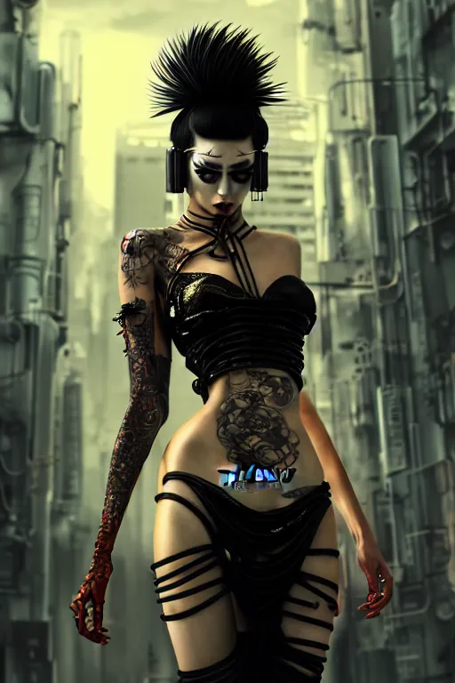 Image similar to soft lustrous ebony asian geisha yakuza biotech raver gutter punk gothic cyborg, cyberpunk city, urban decay, decay, golden ratio, details, scifi, fantasy, cyberpunk, intricate, decadent, highly detailed, digital painting, octane render, artstation, concept art, smooth, sharp focus, illustration, art by artgerm, loish, wlop