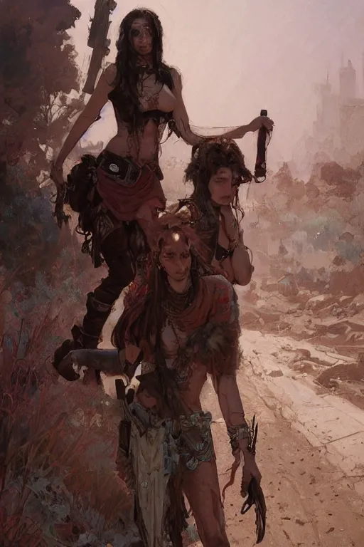 Image similar to a full body portrait of a beautiful post apocalyptic offworld butchers district bedouin blind pulp fiction scarlet wild rogue barbarian leper begging by the roadside, intricate, elegant, highly detailed, digital painting, artstation, concept art, smooth, sharp focus, illustration, art by krenz cushart and artem demura and alphonse mucha