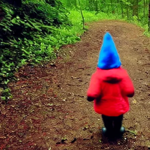 Image similar to bad quality screenshot of a leaked video of a small person dressed as gnome looking at me at a forest trail, photo taken from far away, night time, bright camera flash, camera shaking, disturbing, very scary, realistic, very disturbing, help me please im disturbed, ultrarealistic, 480p, scary