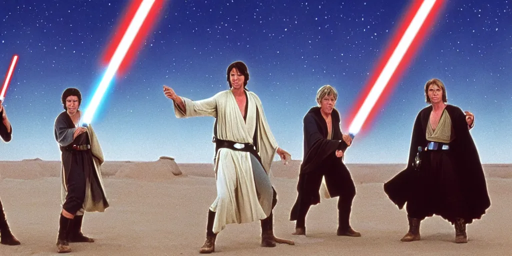 Prompt: film still from Star Wars, Bill and Ted on Tatooine