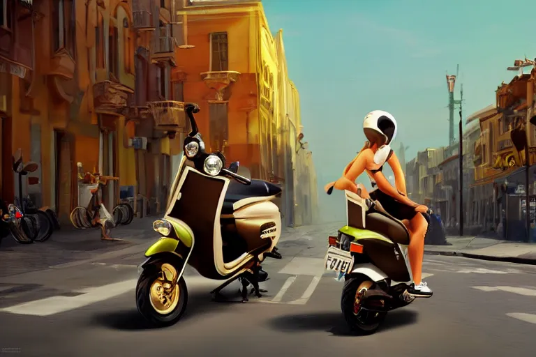 Image similar to moped scooter racing on the street, by etienne dinet, high details, 4 k, golden composition, artstation cgsociety