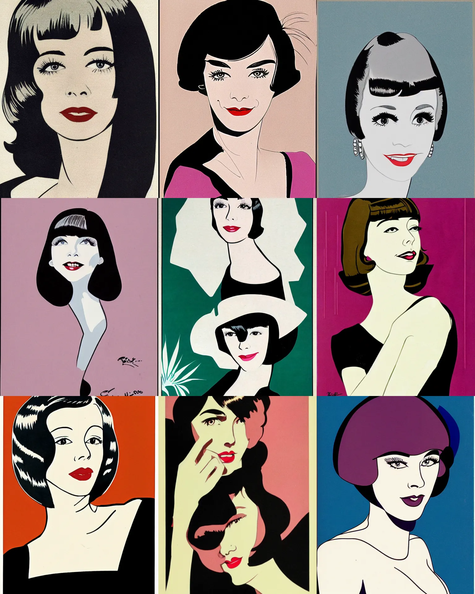 Prompt: Colleen Moore 25 years old, bob haircut, portrait by Patrick Nagel