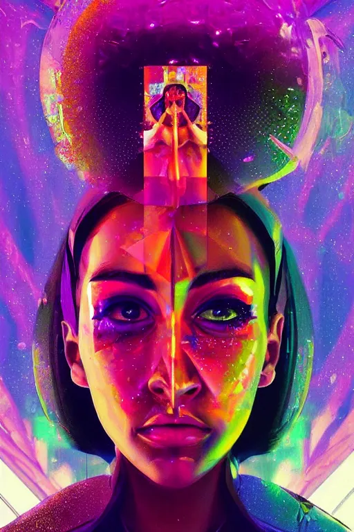 Prompt: surreal raw portrait, digital painting, an beautiful, crazy hacker girl, lost in code, synthwave, glitch!!, fractured reality, refraction, glitter, realistic, hyperdetailed, golden hour, concept art, art by syd mead, cubism