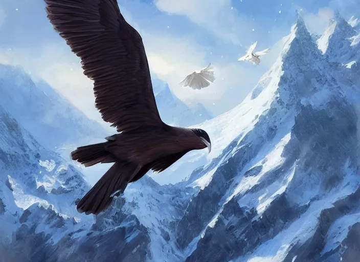 Prompt: A great majestic bird soars above a snowy mountain, by Mandy Jurgens, Artgerm, intricate, elegant, digital painting