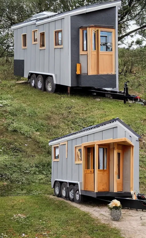 Prompt: tiny home that looks exactly like kamianets - podilskyi castle, but on a trailer